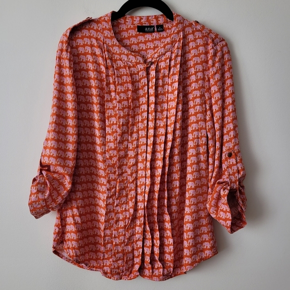 A.N.A. A New Approach Long Sleeve Blouse Orange + Pink Elephants Pleated Front - Picture 15 of 15